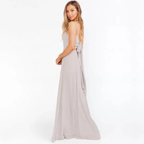 Show Me Your Mumu Lauren Tie Back Dove Grey Chiffon Bridesmaid Maxi Dress - Picture 6 of 16